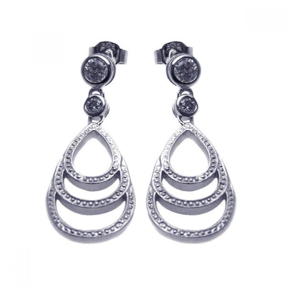 Silver 925 Rhodium Plated Teardrop Round CZ Dangling Stud Earrings - STE00648