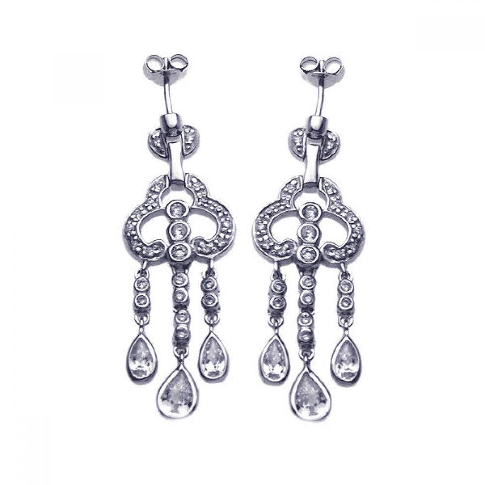 Silver 925 Rhodium Plated Round Teardrop CZ Clover Jellyfish Dangling Post Earrings - STE00652