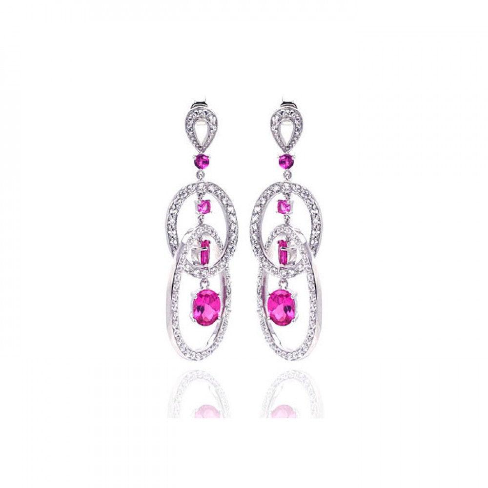 Silver 925 Rhodium Plated Pink Multiple Circle Oval Baguette Round CZ Chandelier Dangling Stud Earrings - STE00937