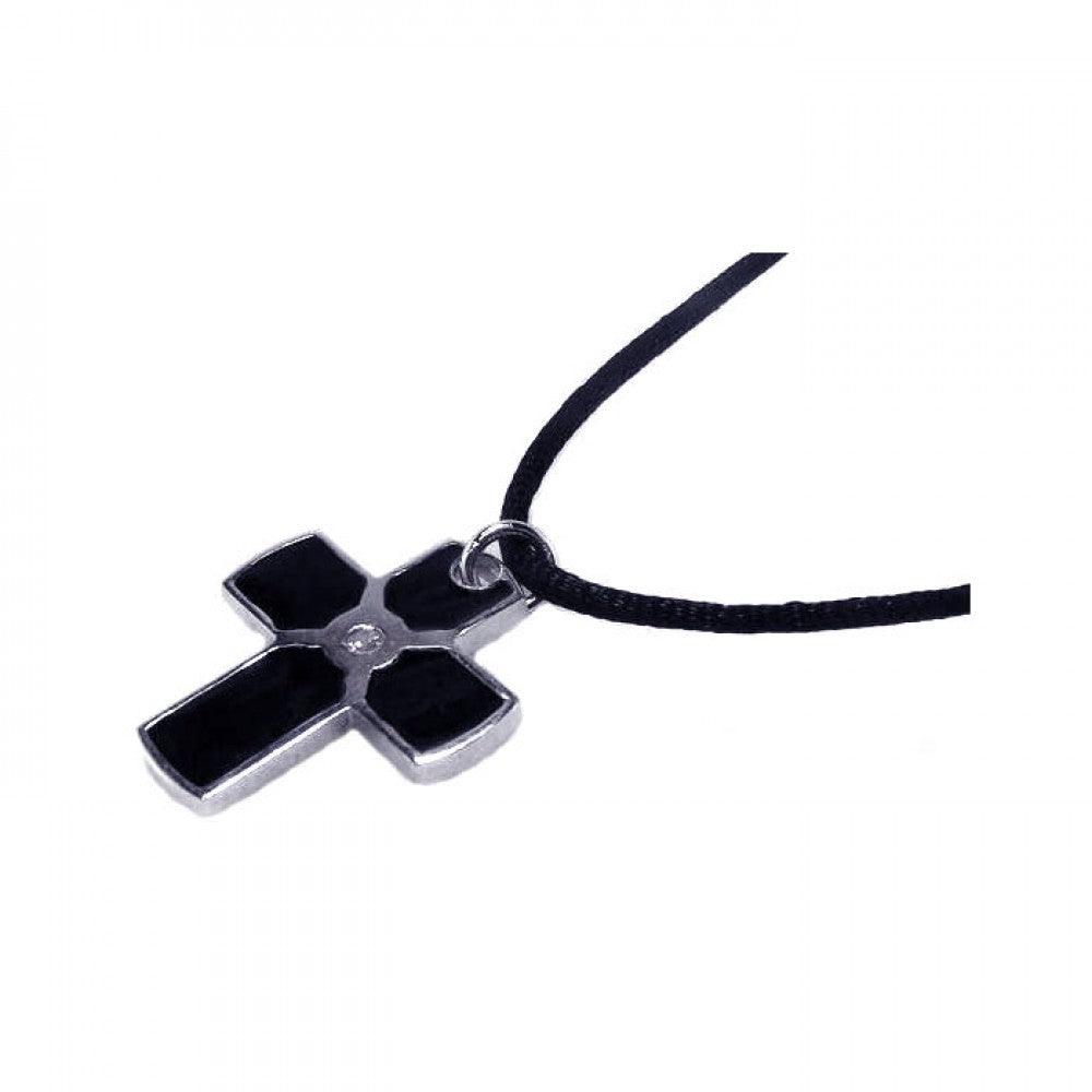 Silver 925 Rhodium Plated Black Enamel Cross Clear CZ Black Cord Pendant Necklace - BGN00001