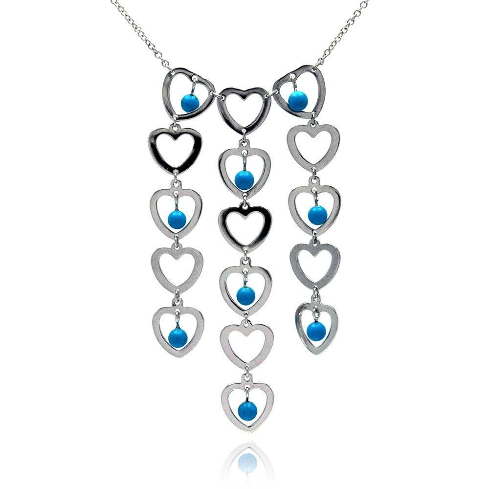 Silver 925 Rhodium Plated Multi Heart Strand Turquoise Bead CZ Pendant Necklace - BGN00007