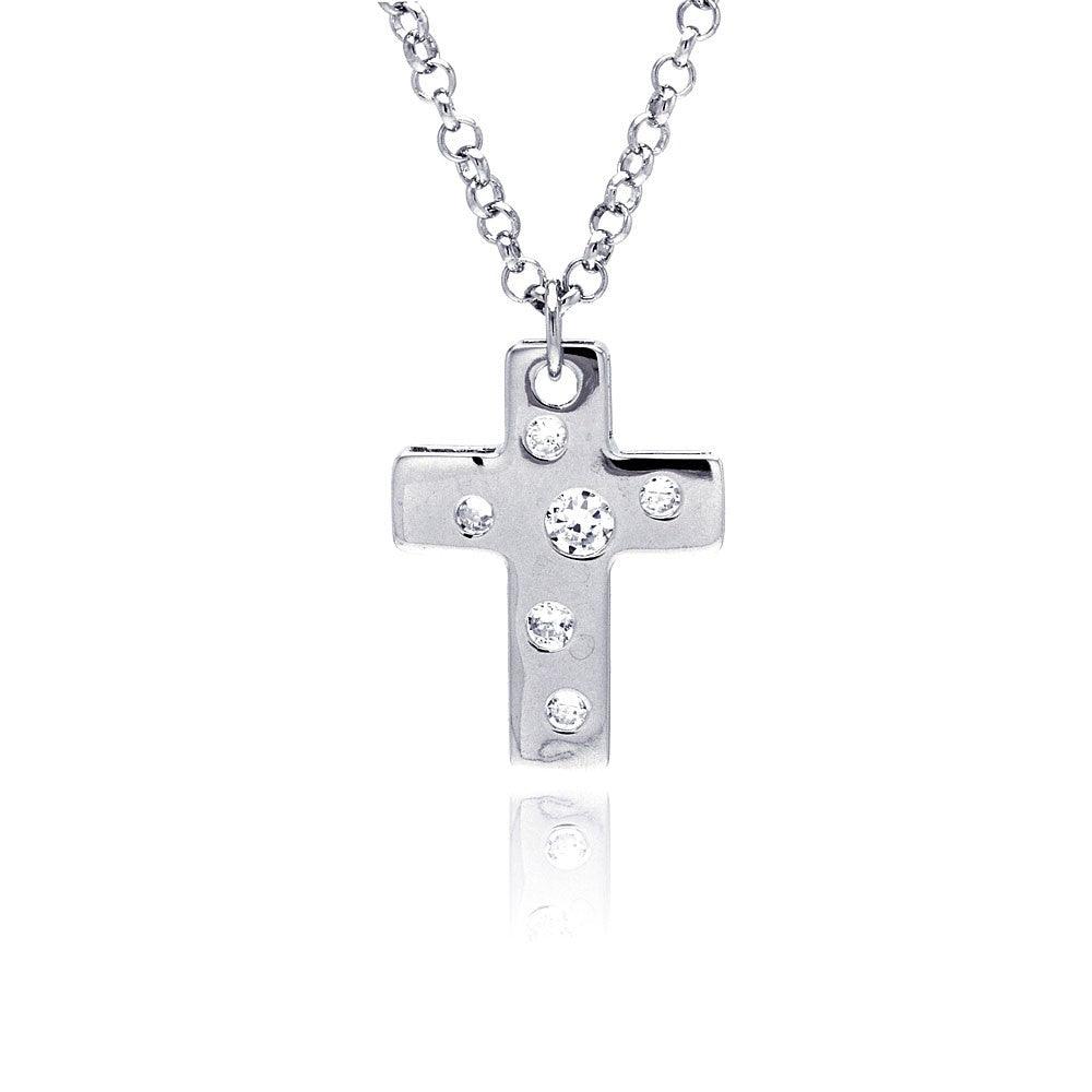 Silver 925 Rhodium Plated High Polish Cross Multi Sized Clear CZ Pendant Necklace - BGN00013
