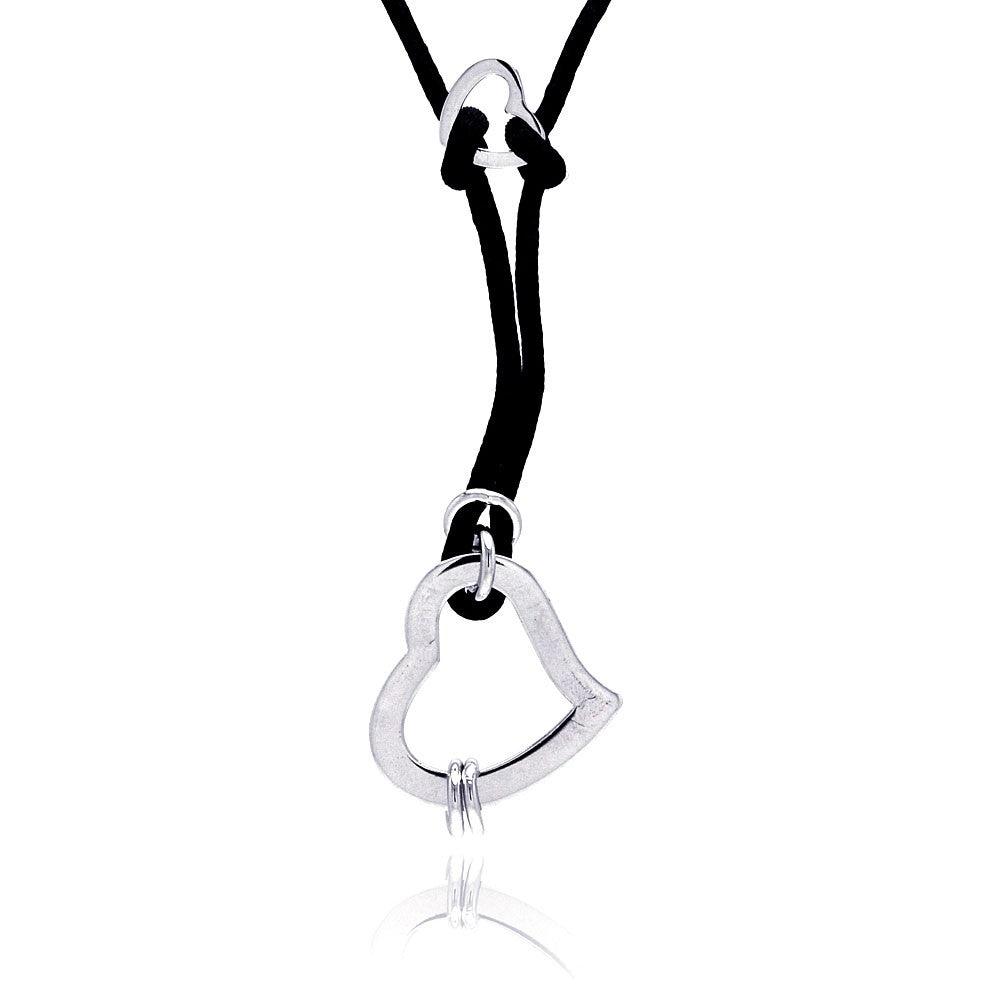 Silver 925 Rhodium Plated Open Heart Black Cord Pendant Necklace - BGN00016