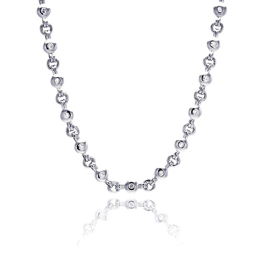 Silver 925 Rhodium Plated Clear Round CZ Link Necklace - BGN00017
