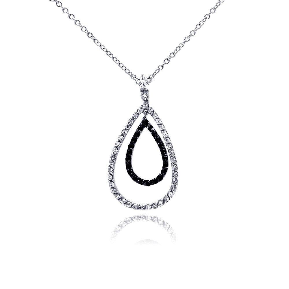 Silver 925 Rhodium and Black Rhodium Plated Clear and Black CZ Open Teardrop Pendant Necklace - BGN00019