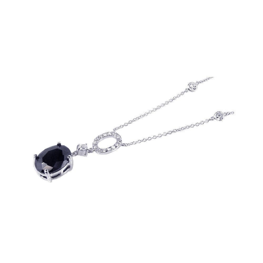 Silver 925 Rhodium Plated Black Oval and Clear CZ Drop Pendant Necklace - BGN00022