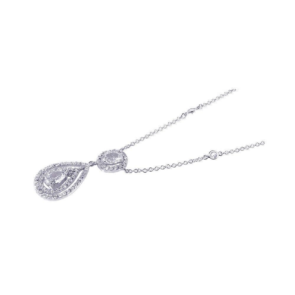 Silver 925 Rhodium Plated Clear Teardrop and Round CZ Antique Pendant Necklace - BGN00023