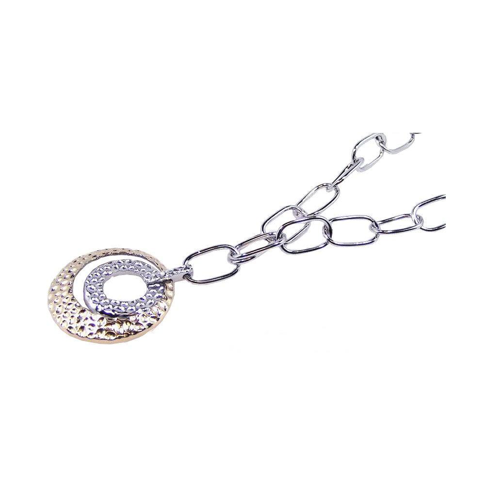 Silver 925 Rhodium and Gold Plated Open Hammered Circle Pendant Necklace - BGN00024