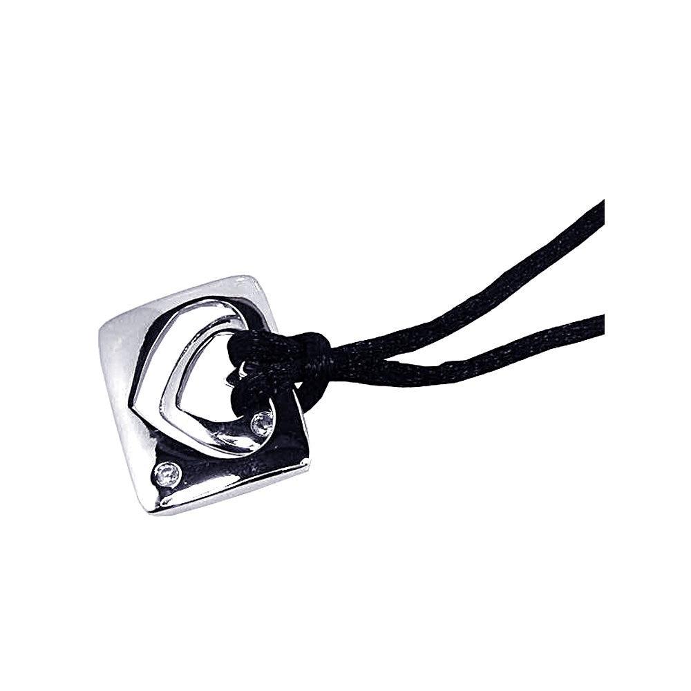 Silver 925 Rhodium Plated Square Open Heart Clear CZ Black Cord Pendant Necklace - BGN00025