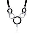 Silver 925 Rhodium Plated Black Rubber Open Multi Circle Black Cord Pendant Necklace - BGN00026