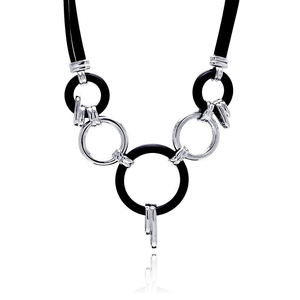 Silver 925 Rhodium Plated Black Rubber Open Multi Circle Black Cord Pendant Necklace - BGN00026