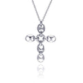 Silver 925 Rhodium Plated Open Oval Clear CZ Cross Pendant Necklace - BGN00027