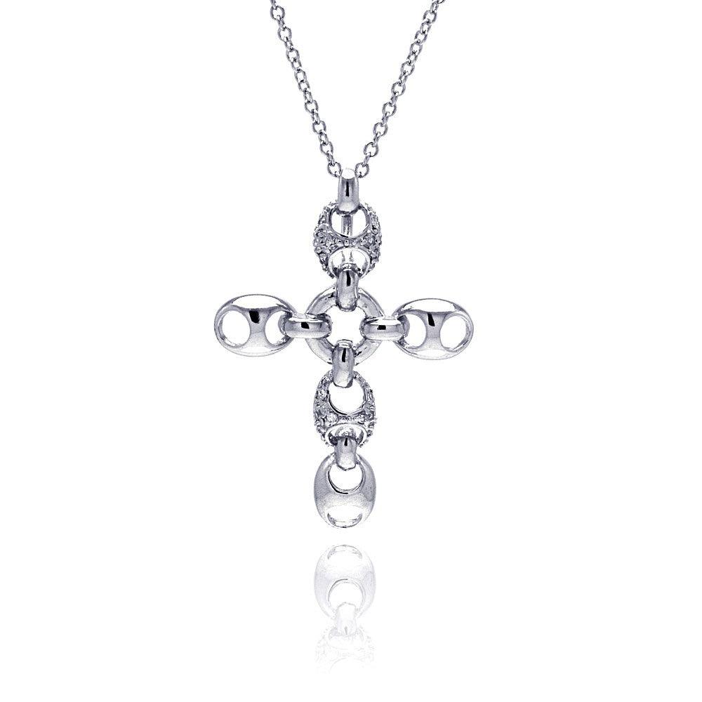 Silver 925 Rhodium Plated Open Oval Clear CZ Cross Pendant Necklace - BGN00027