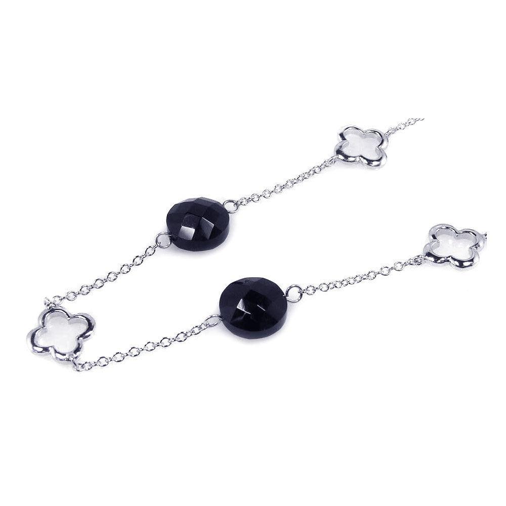 Silver 925 Rhodium Plated Black CZ Clover Pendant Necklace - BGN00028
