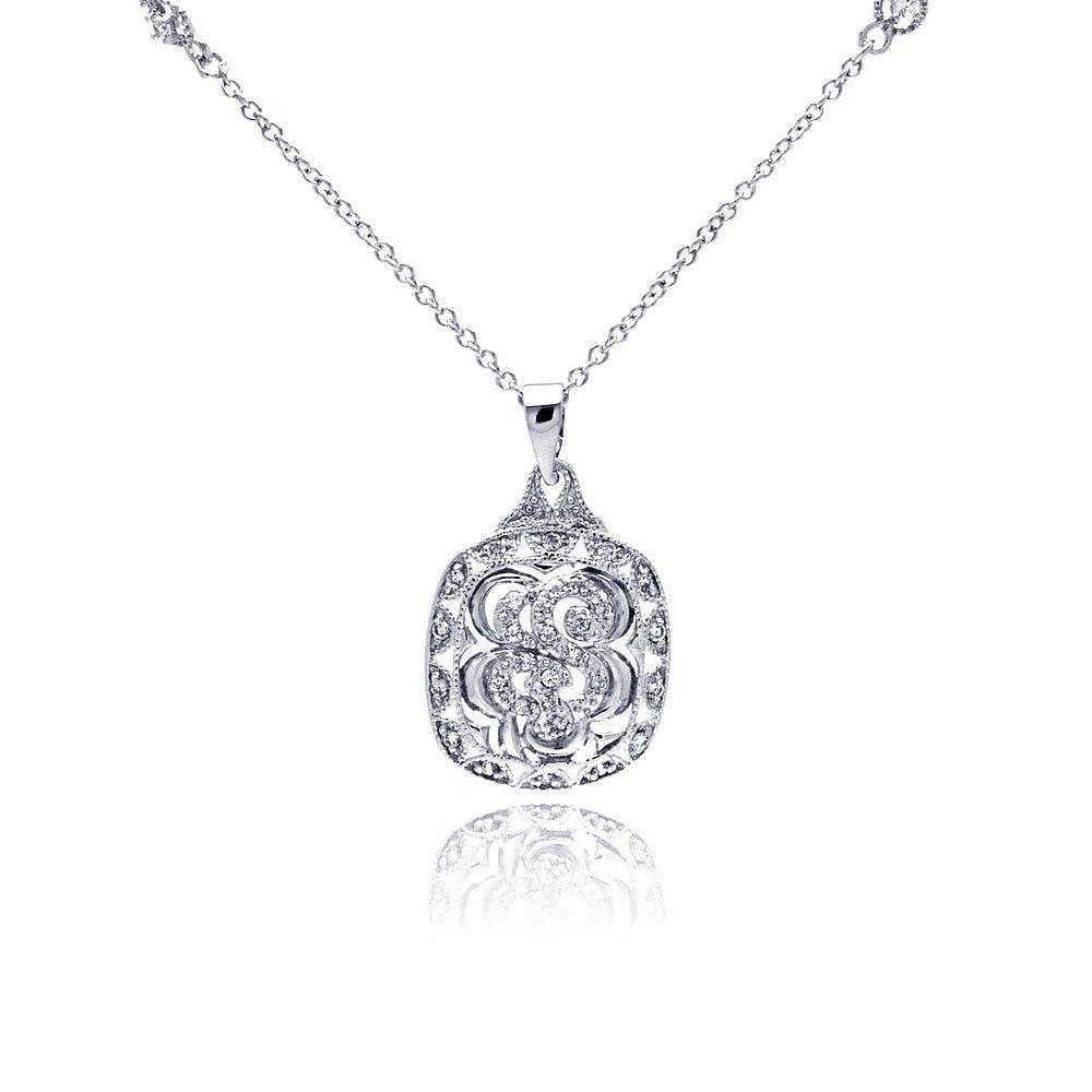 Silver 925 Rhodium Plated Open Square Antique Clear CZ Pendant Necklace - BGN00047