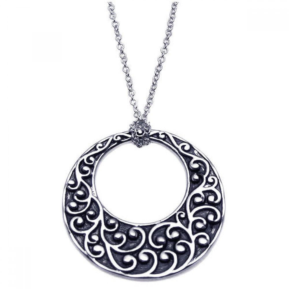 Silver 925 Rhodium Plated Open Circle Flower Design Pendant Necklace - BGN00048