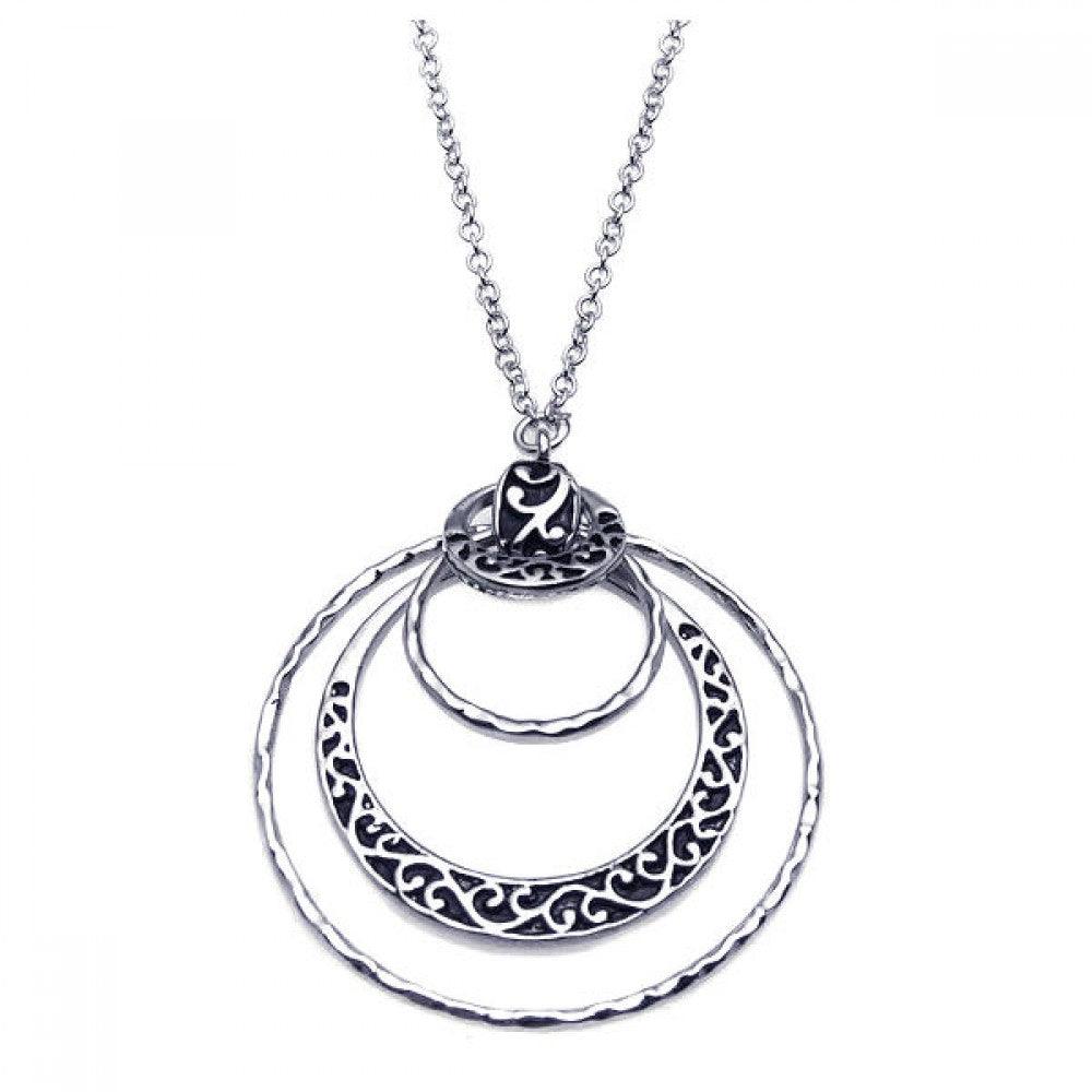Silver 925 Rhodium Plated Multi Open Circle Flower Design Pendant Necklace - BGN00049
