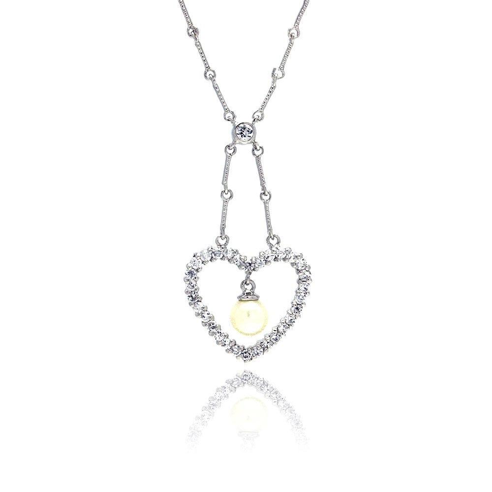 Silver 925 Clear CZ Rhodium Plated Pearl Heart Pendant Necklace - BGP00026