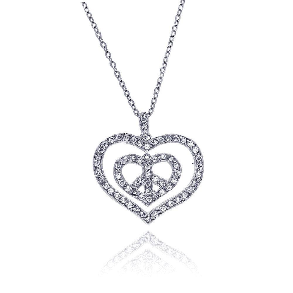 Silver 925 Rhodium Plated Peace Double Heart Pendant Necklace with CZ - BGP00027