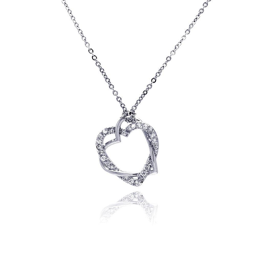 Silver 925 Clear CZ Rhodium Plated Braided Heart Pendant Necklace - BGP00029