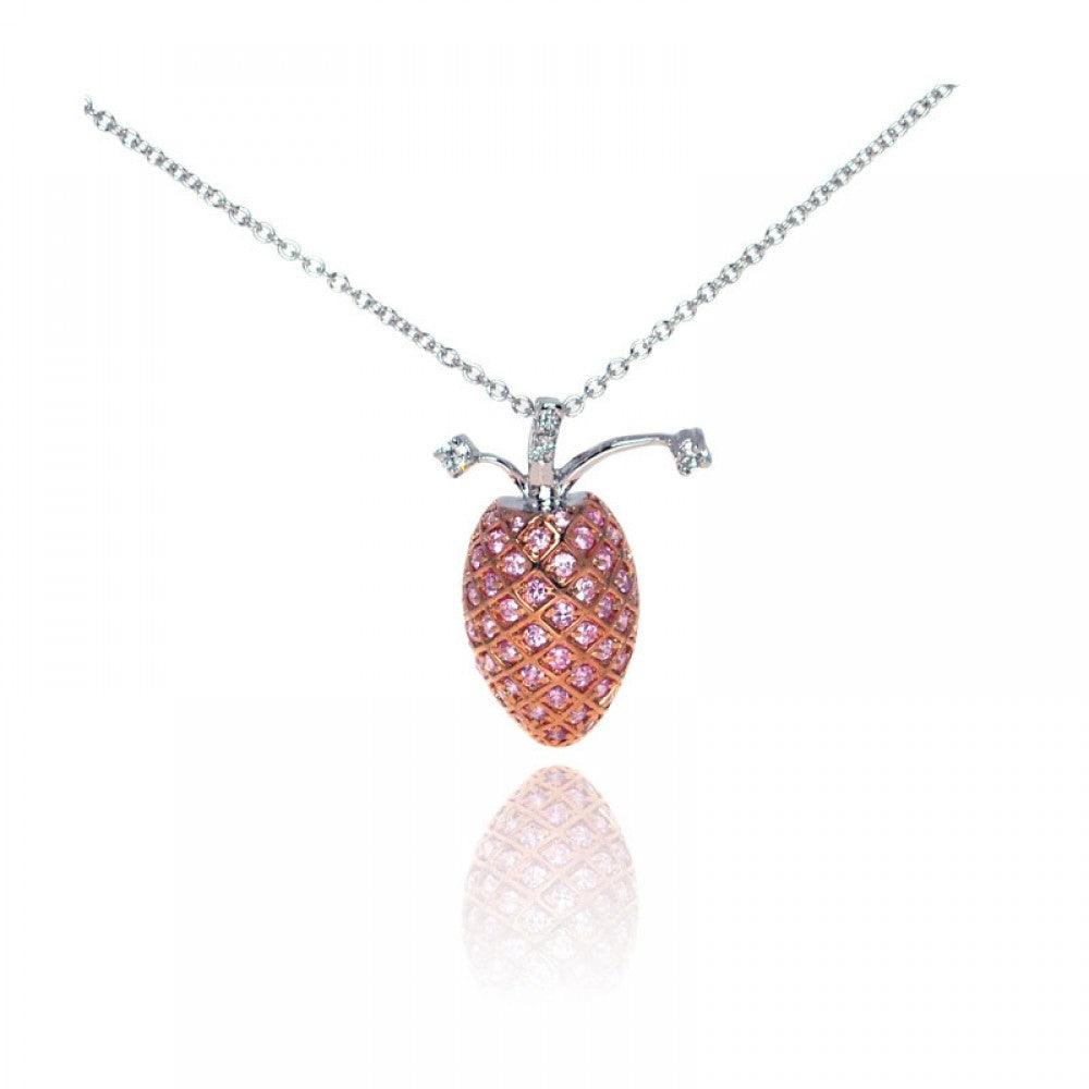 Silver 925 Pink CZ Rose Gold and Rhodium Plated Pineapple Pendant Necklace - BGP00037PNK