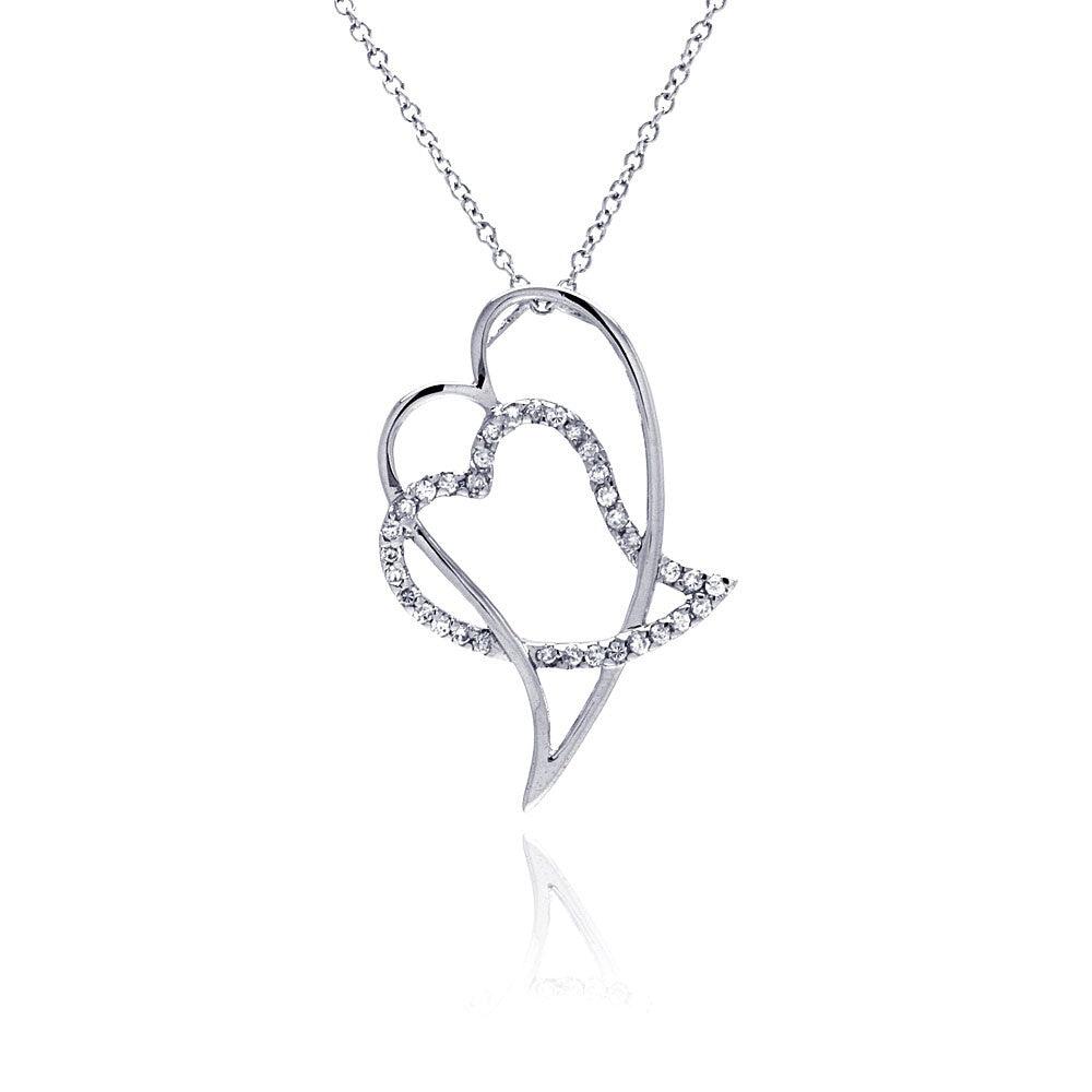 Silver 925 Clear CZ Rhodium Plated Double Heart Pendant Necklace - BGP00047