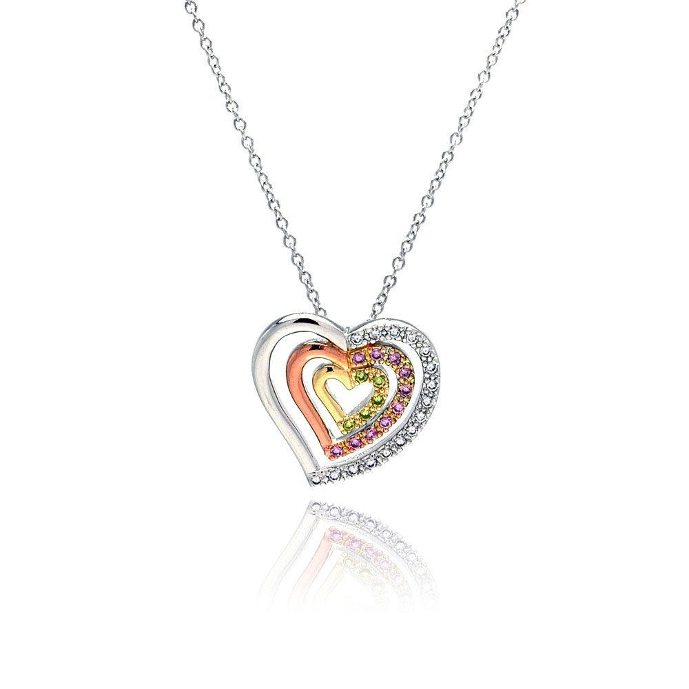 Silver 925 Clear Pink Yellow CZ Gold Rose Gold and Rhodium Plated 3 Graduated Heart Pendant Necklace - BGP00056