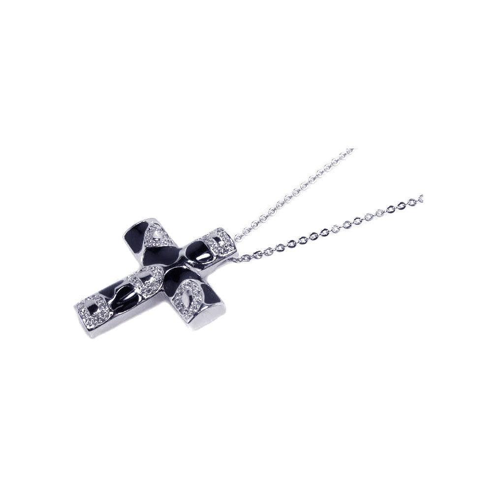 Silver 925 Clear CZ Black Enamel Rhodium Plated Cross Pendant Necklace - BGP00057