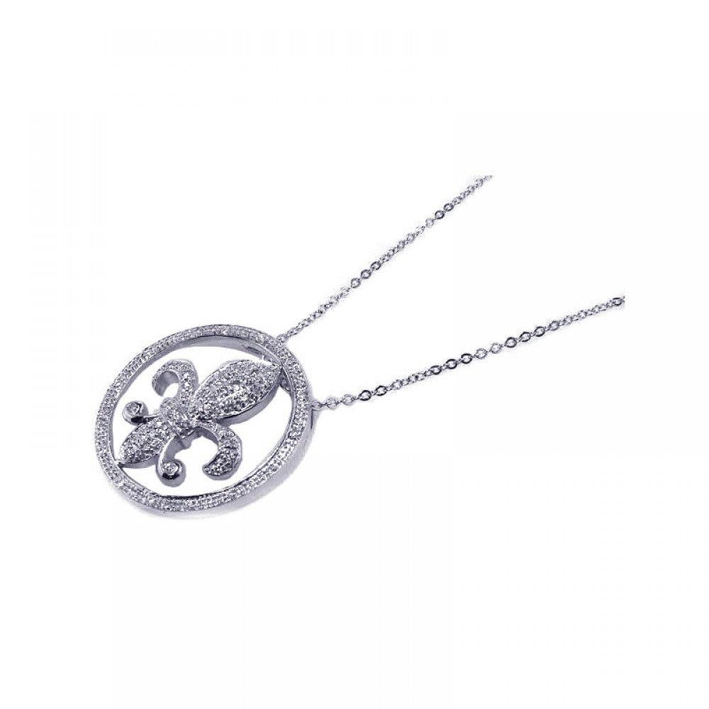 Silver 925 Clear CZ Rhodium Plated Flor Di Lis Pendant Necklace - BGP00059