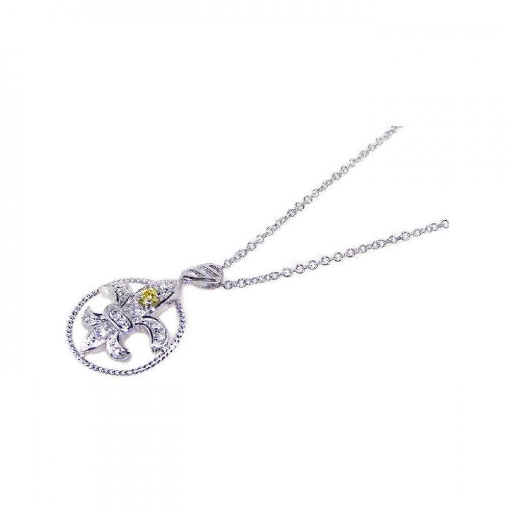 Silver 925 Yellow Clear CZ Rhodium Plated Fleur Di Lis Pendant Necklace - BGP00073