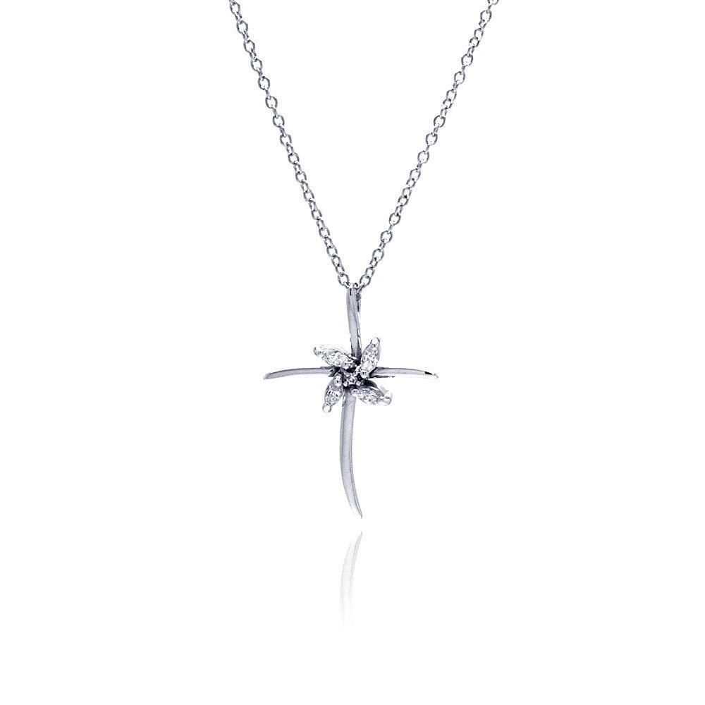Silver 925 Clear CZ Rhodium Plated Cross Pendant Necklace - BGP00077