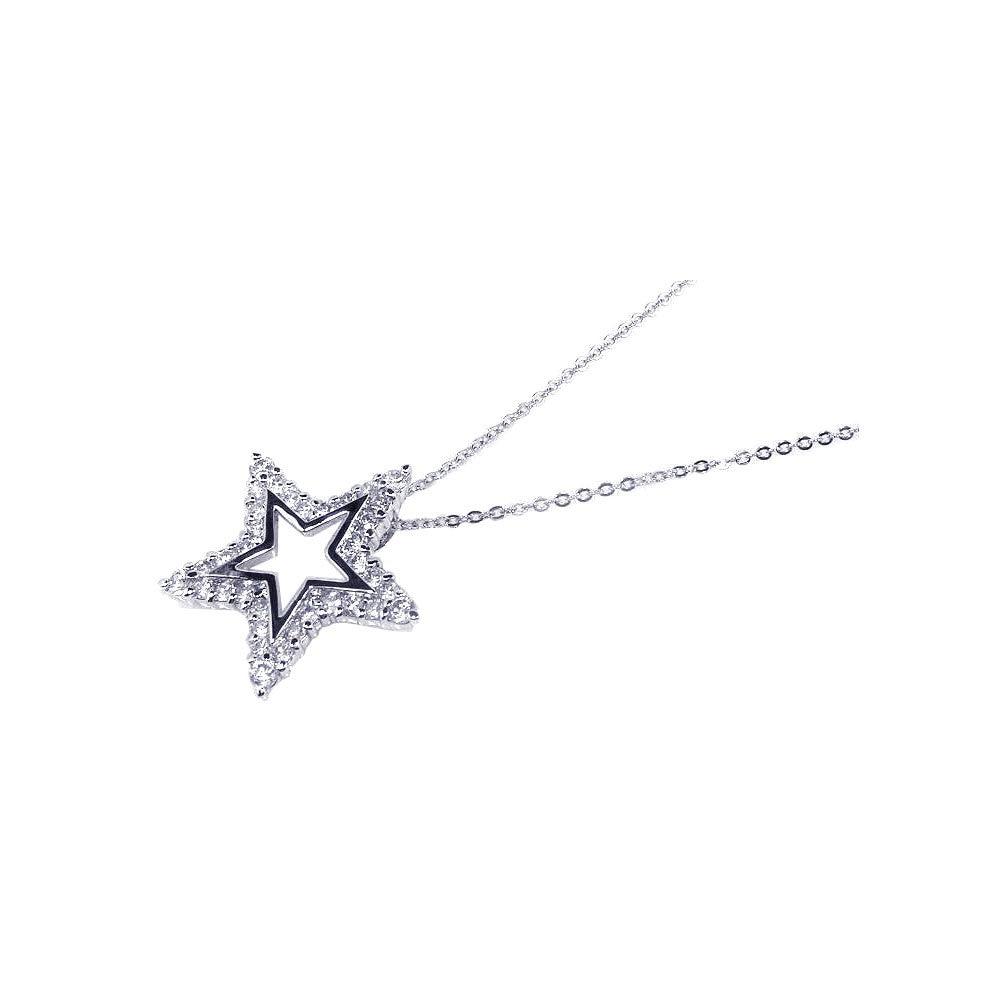 Silver 925 Clear CZ Rhodium Plated Star Pendant Necklace - BGP00089