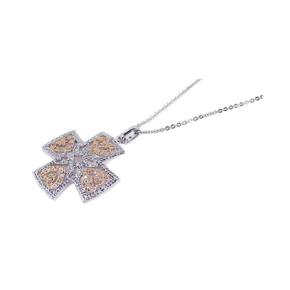 Silver 925 Yellow Clear CZ Rhodium Gold Plated Cross Pendant Necklace - BGP00091