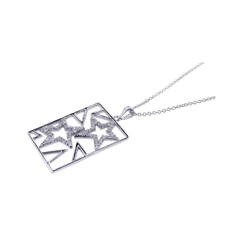 Silver 925 Clear CZ Rhodium Plated 2 Star Pendant Necklace - BGP00094