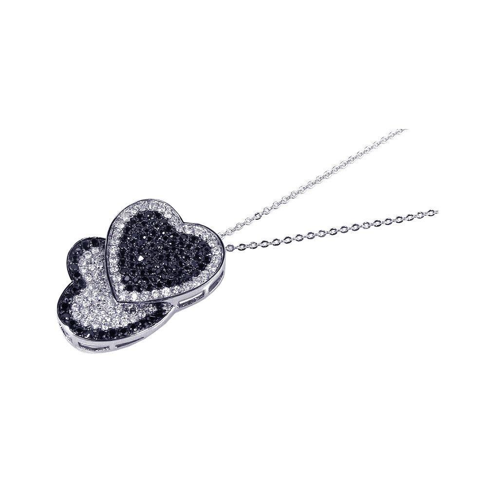 Silver 925 Clear Black CZ Rhodium Plated Double Heart Pendant Necklace - BGP00101