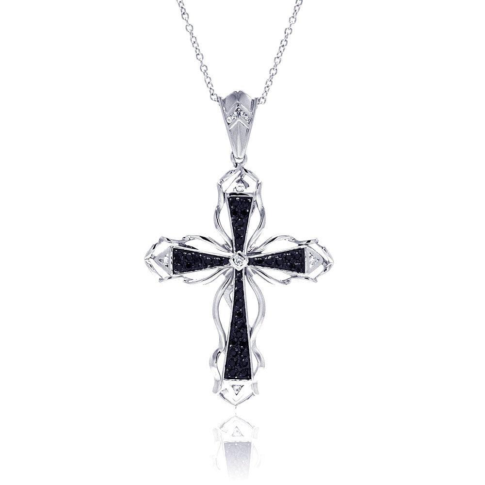 Silver 925 Black CZ Black Rhodium Plated Cross Pendant Necklace - BGP00113