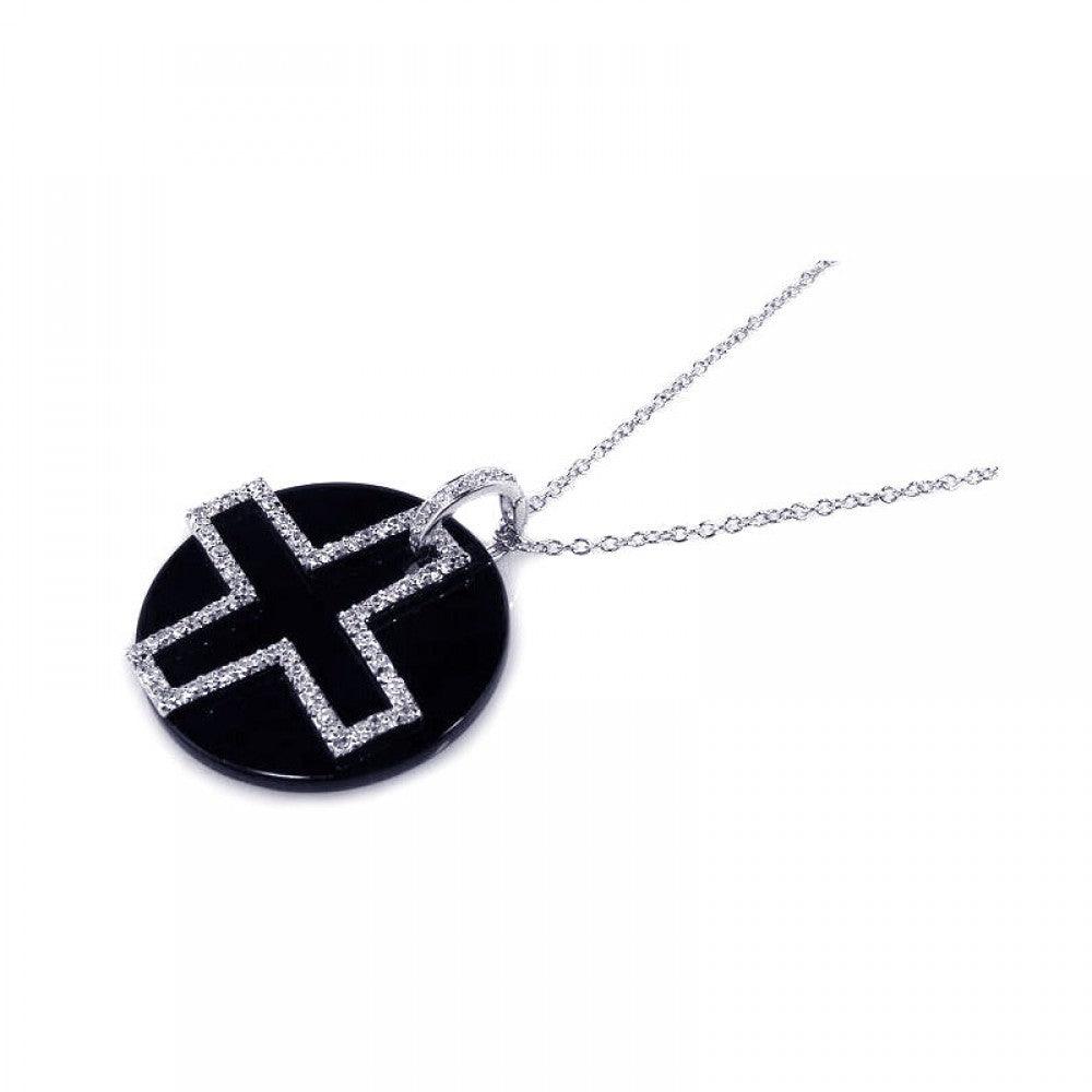 Silver 925 Clear CZ and Onyx Rhodium Plated Cross Pendant Necklace - BGP00124