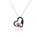 Silver 925 Black CZ Rhodium Plated Flower Heart Pendant Necklace - BGP00139