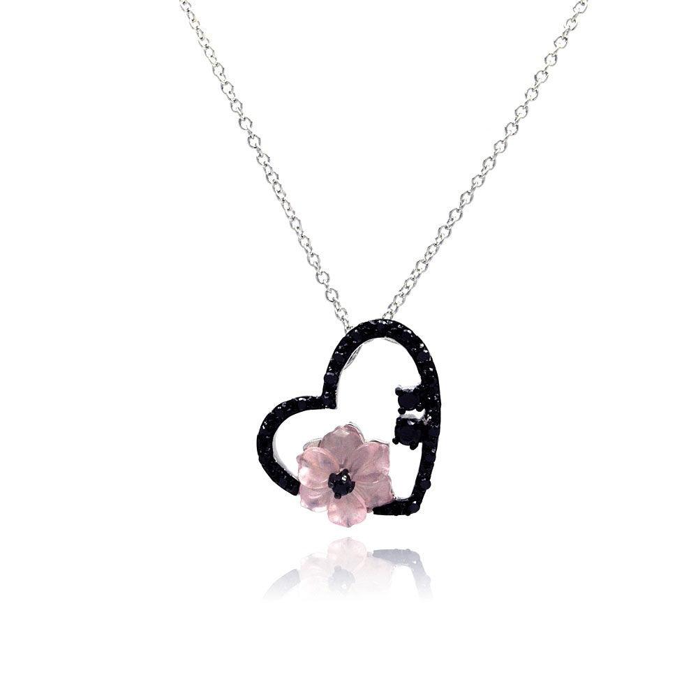 Silver 925 Black CZ Rhodium Plated Flower Heart Pendant Necklace - BGP00139
