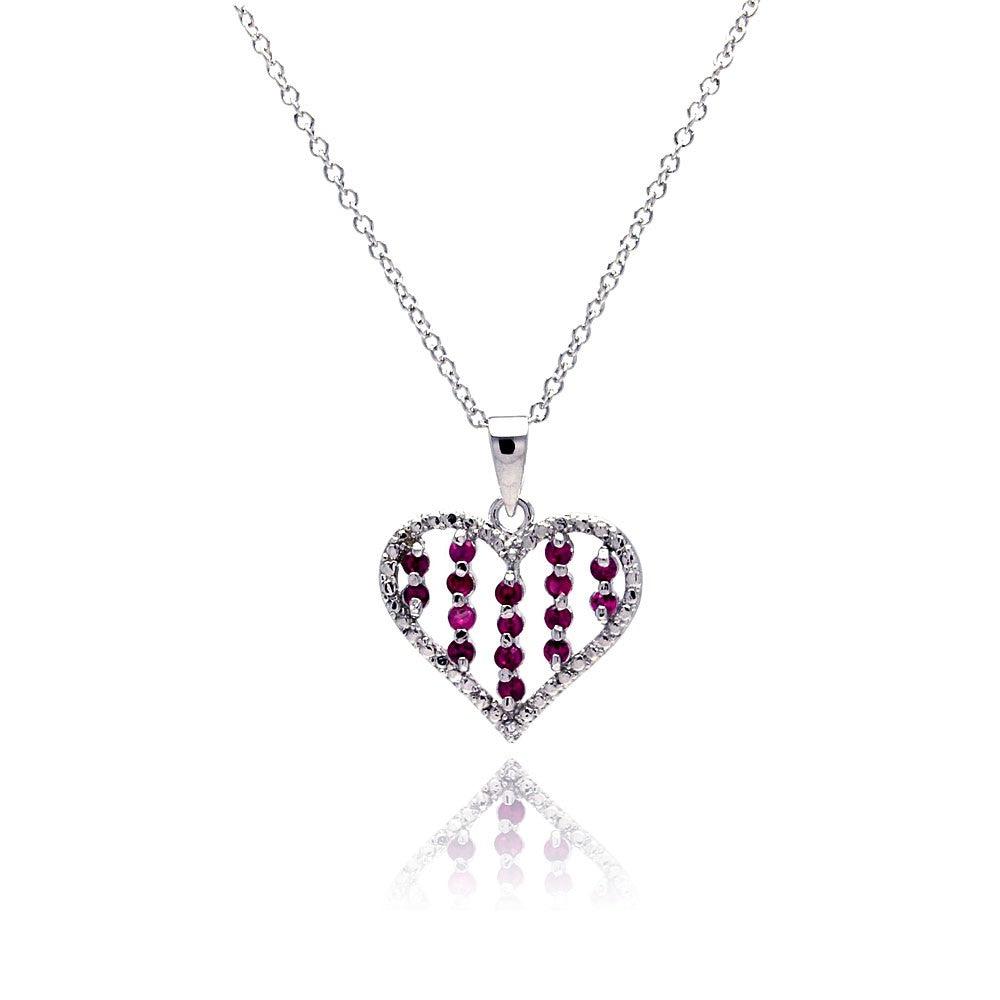 Silver 925 Red CZ Rhodium Plated Heart Pendant Necklace - BGP00149