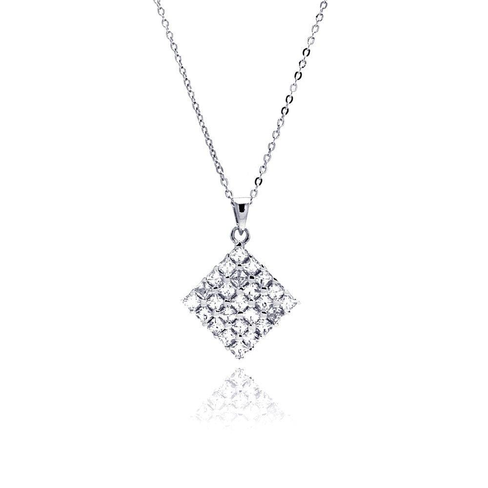 Silver 925 Clear CZ Rhodium Plated Square Pendant Necklace - BGP00156
