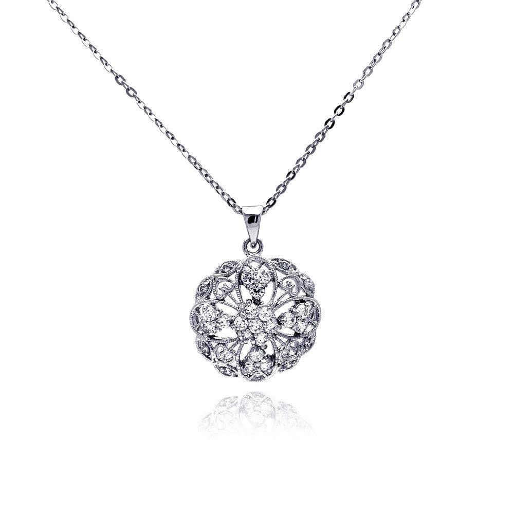 Silver 925 Clear CZ Rhodium Plated Filigree Pendant Necklace - BGP00158