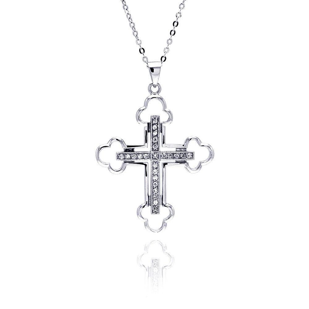 Silver 925 Clear CZ Rhodium Plated Cross Pendant Necklace - BGP00159
