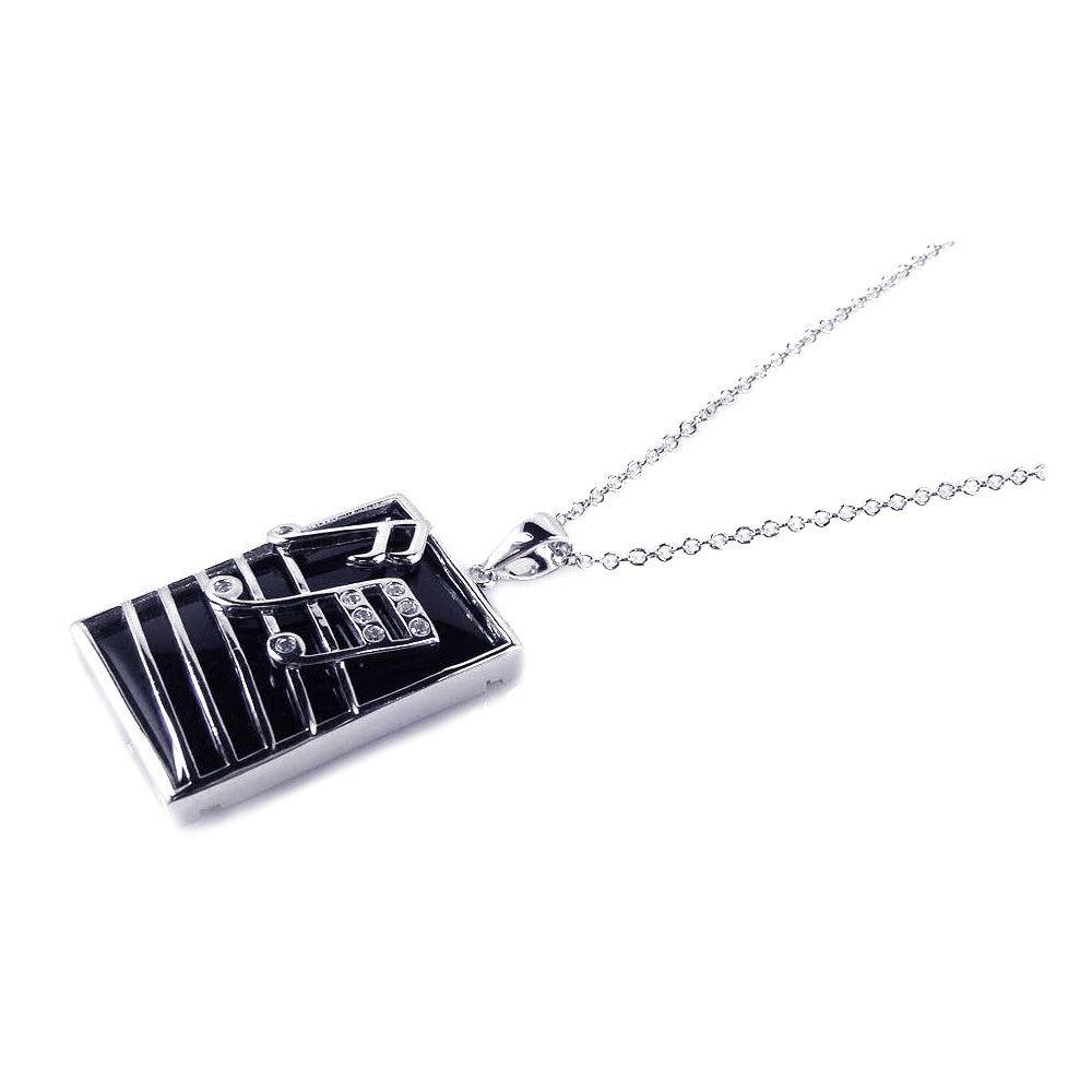 Silver 925 Rhodium Plated Square Music Note Black Onyx CZ Dangling Necklace - BGP00167