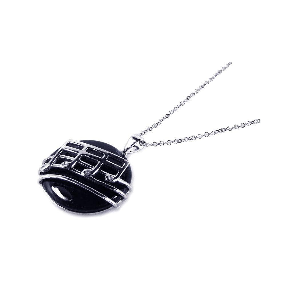 Silver 925 Rhodium Plated Black Onyx Round Music Note Dangling Necklace - BGP00168