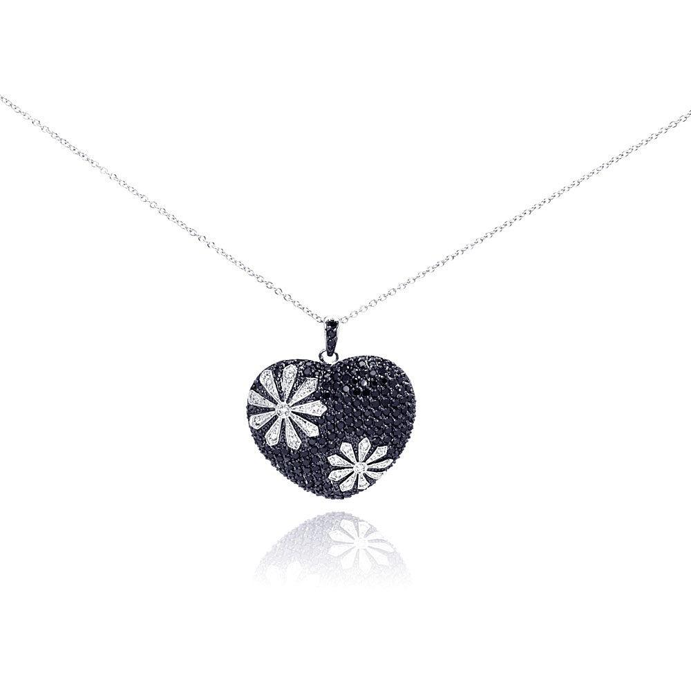 Silver 925 Black and Rhodium Plated Flower Design Black Heart CZ Necklace - BGP00175