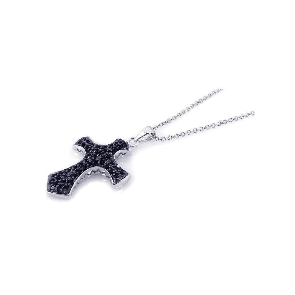Silver 925 Rhodium Plated Black Cross CZ Necklace - BGP00177