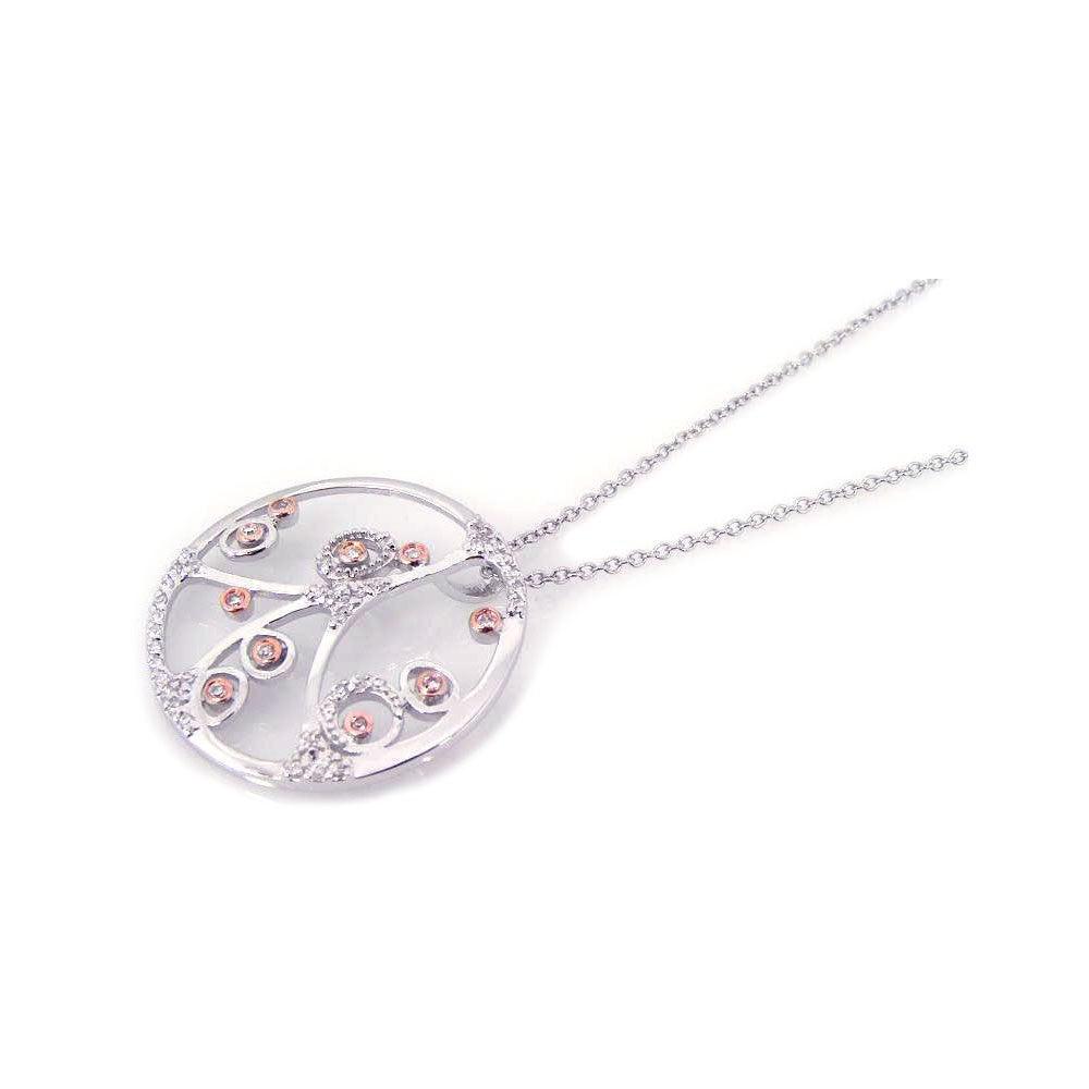 Silver 925 Rhodium Plated Open Circle Filigree Flower Design CZ Necklace - BGP00187