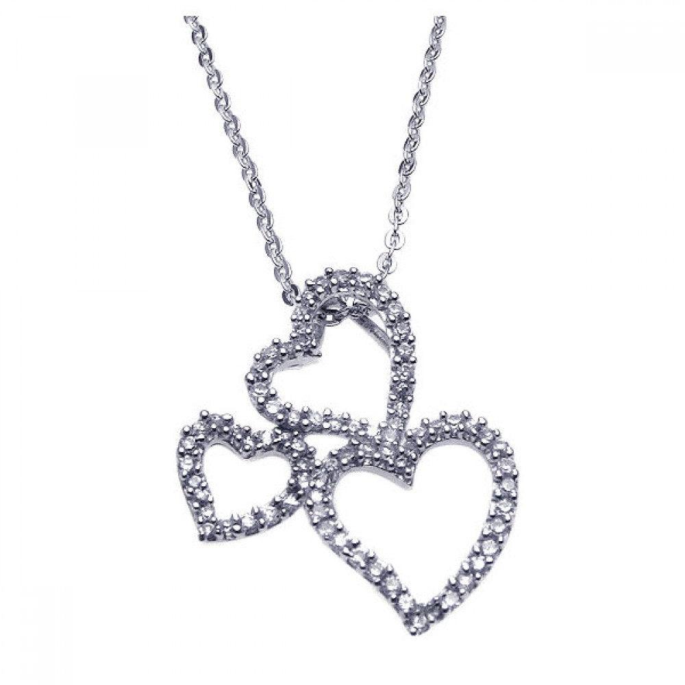 Silver 925 Rhodium Multiple Graduated Open Heart CZ Necklace - BGP00210