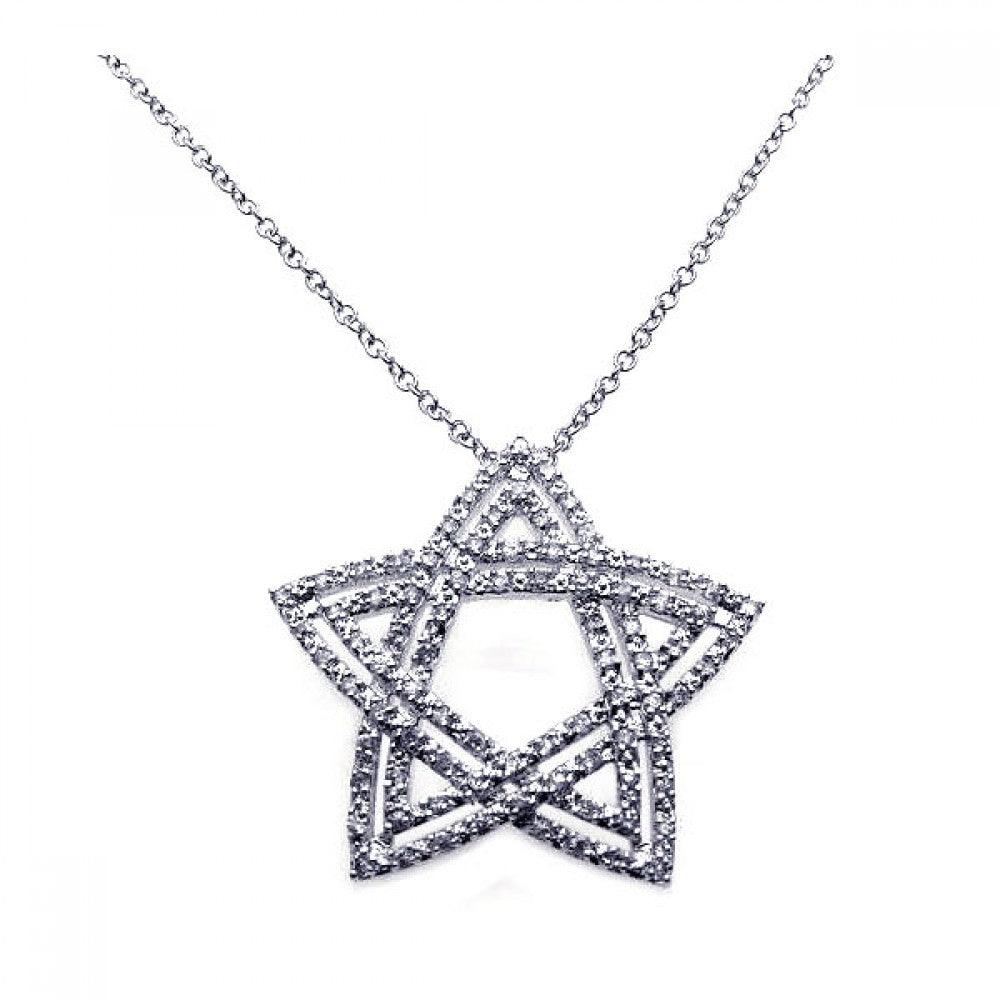 Silver 925 Rhodium Double Open Star CZ Necklace - BGP00214
